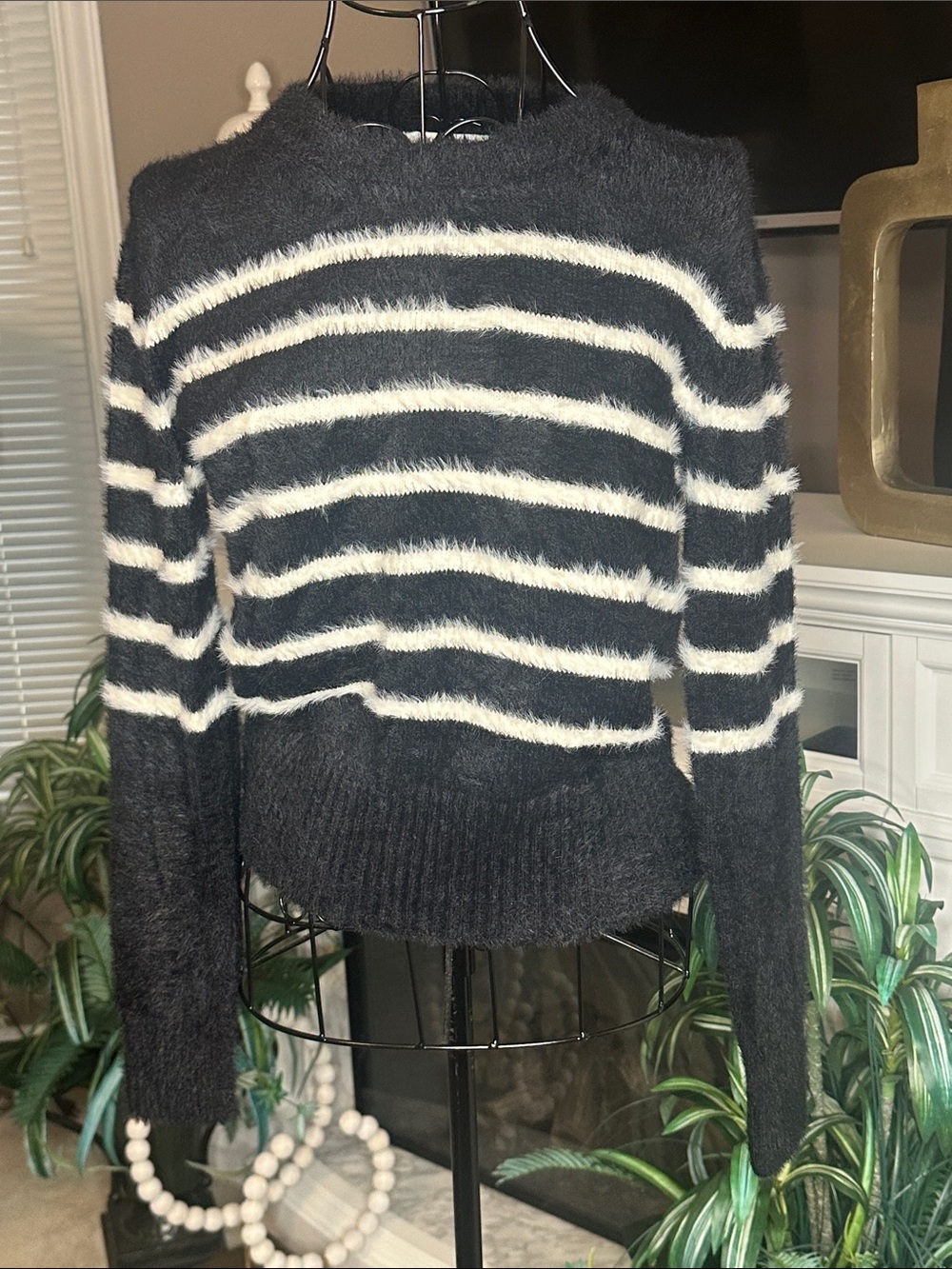 Old Navy Black & White Fuzzy Striped Crew Sweater